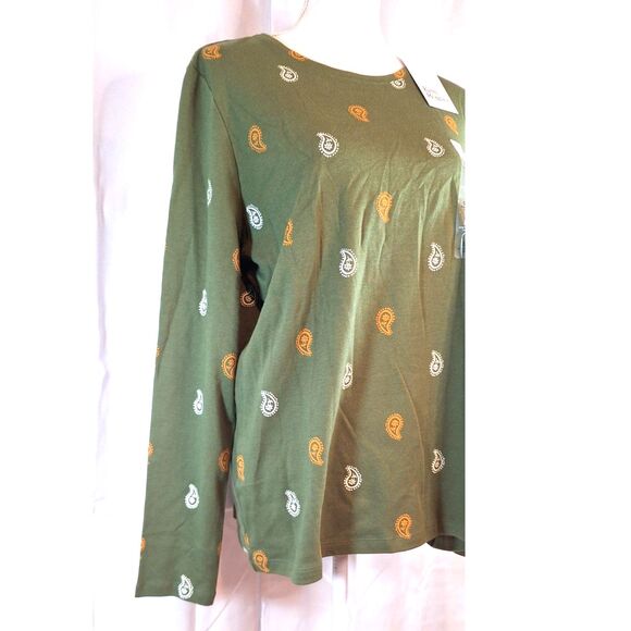 Kim Rogers Olive Green Top Paisley Size Large New With Tag - Picture 2 of 8